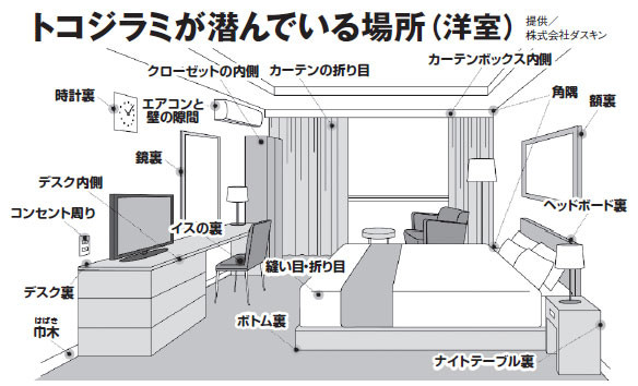 トコジラミが潜む可能性のある場所は、ベッドやクローゼットだけでなく部屋の至る所にある。もし見つかったら、１ヵ所だけでなくほかの場所にも潜んでいると考えたほうがいい