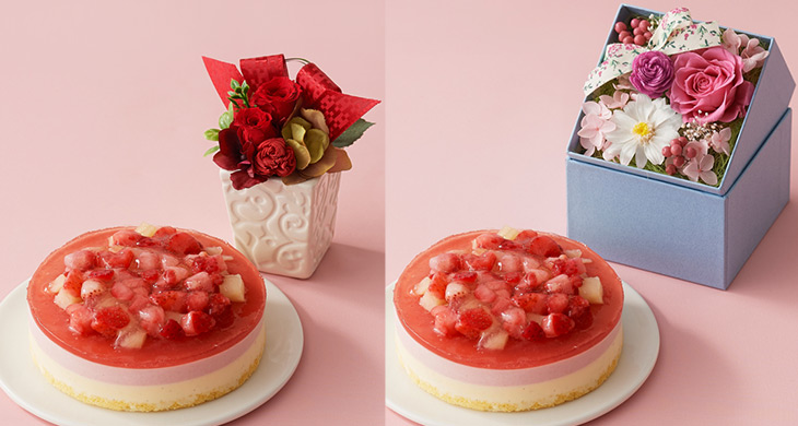  母の日フラワーギフト。左が「フルーレットルージュとタンブラー」4,645円（税込、別途送料500円）、右が「フルーレットルージュとキューブ」5,500円（税込）