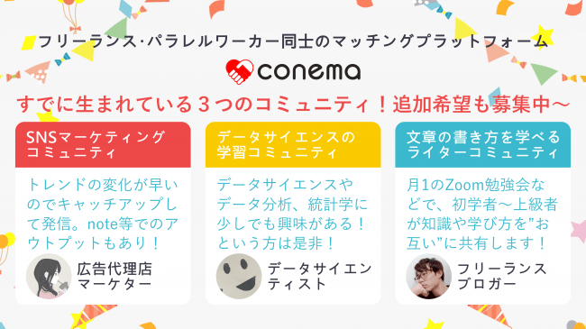 フリーランスやパラレルワーカー同士の人脈づくりプラットフォームを運営する Conema が コミュニティ機能をリリース ニコニコニュース